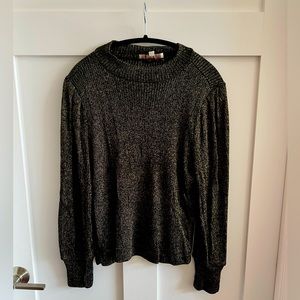 Loft Black and Metallic Gold Mock Neck Sweater with Small Balloon Sleeve L
